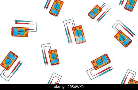 Texture, seamless pattern of red and yellow instruments for measuring the strength and voltage of electric current, multimeter, tester, electric tool Stock Vector