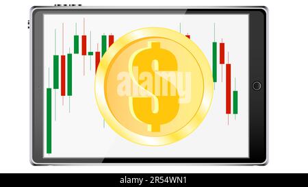 Gold dollar coin and a graph, diargamma in the form of candlesticks and candlesticks on the background of smart tablets smart phones with modern reali Stock Vector