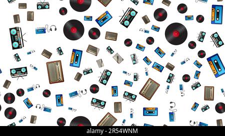 Seamless pattern of retro old hipster music audio cassette players and tape recorders vinyl records and radio from the 70s, 80s, 90s, 2000s on a white Stock Vector