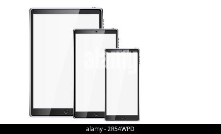 Beautiful modern digital gadgets, realistic black smart touchscreen mobile phones, smartphones and touchscreen tablet isolated on white background. Ve Stock Vector