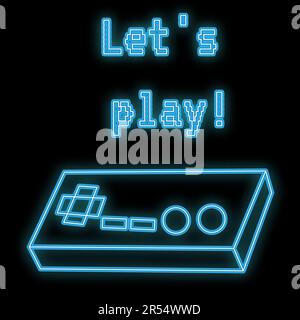 Beautiful abstract neon bright glowing icon, a signboard from an old retro joystick for video games consoles with buttons and copy space on a black ba Stock Vector