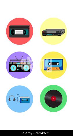 A set of six round icons for the current old antique retro electronics technology video recorder and cassette music center audio player and vinyl reco Stock Vector