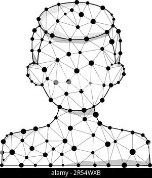 Wireframe polygon human face - digital man head with line and dots vector icon. Black geometric robot concept. Low poly biometric silhouette design ve Stock Vector
