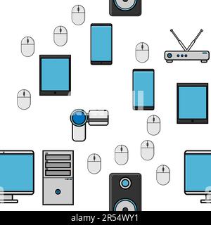 Seamless pattern, texture from modern digital devices, gadgets, tablets, smartphones, mice, speakers, monitors, laptops, routers for internet, compute Stock Vector