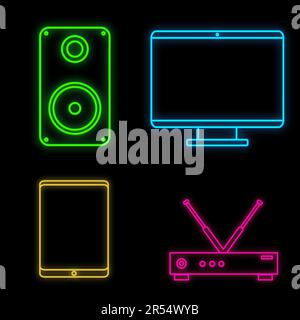 A set of bright luminous multi-colored neon signs for the store and workshop service center is beautiful shiny with modern electronics and appliances Stock Vector