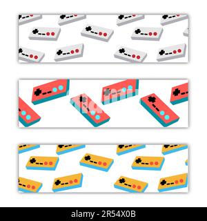 A set of three abstract multicolored backgrounds for poster textures from old retro vintage game joysticks for computer video games game console from Stock Vector