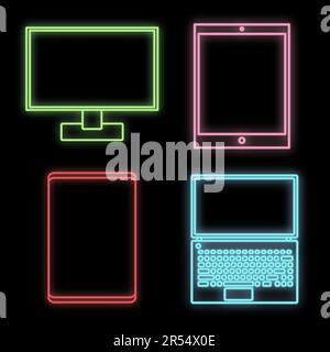 A set of bright luminous multi-colored neon signs for the store and workshop service center is beautiful shiny with modern electronics and appliances Stock Vector