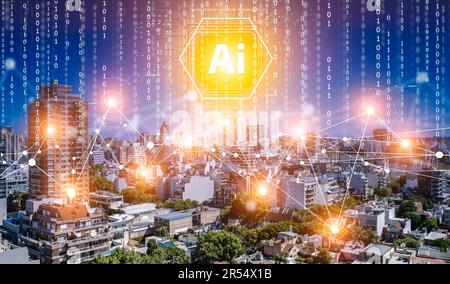 Ai technology city landscape. Futuristic big data city with transport, business, technology network. . High quality photo Stock Photo