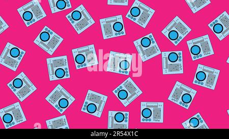 Seamless pattern endless with music audio dj consoles with vinyl old retro vintage hipster from 70s, 80s, 90s isolated on pink background. Vector illu Stock Vector