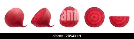 Set of beetroots isolated on white background. Fresh red beetroot whole, half, quarters and slices. Realistic 3d vector illustration of vegetarian foo Stock Vector