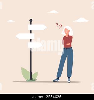Elderly woman in doubt. Cute female character standing at pointer and making choice or decision. Concept of finding right direction or route in life Stock Vector