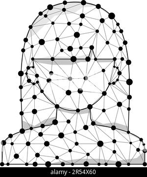Wireframe polygon human face - digital woman head with line and dots vector icon. Black geometric concept. Low poly biometric silhouette design vector Stock Vector
