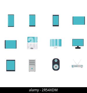 Vector illustration of a large set of flat icons of digital smartphone smartphones computers monitors modems on a white background. Concept: computer Stock Vector