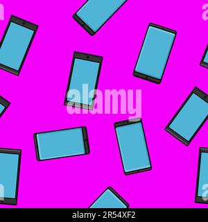 Texture seamless pattern of modern gadgets digital mobile phones smartphones new in flat style devices isolated on purple background. Vector illustrat Stock Vector