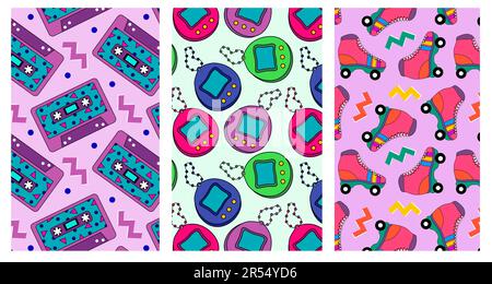 Set of retro seamless patterns. Vintage pattern with audio tape cassettes, tamagotchi, roller skates. Vintage style 90s, 80s background Stock Vector