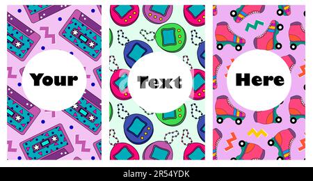 Set of retro card mockup design for text. Vintage pattern with audio tape cassettes, tamagotchi, roller skates and abstract figures. Vintage style 90s Stock Vector