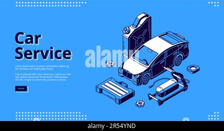Car service banner for website. Auto maintenance, diagnostic and repair center. Vector landing page for mechanic garage, vehicle workshop with isometric icons of automobile and tools Stock Vector