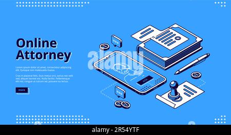 Online attorney isometric landing page. Digital smartphone application or internet service for law consultation, legal advice. Mobile phone app, judgement, legislation 3d vector line art web banner Stock Vector