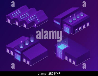 Isometric storehouse, logistics warehouse or factory buildings with lifting door, glass facade and ventilation system. Cargo and freight storage, industrial hangars 3d vector neon glowing illustration Stock Vector