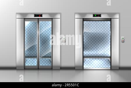 Glass elevator with open and closed doors in office hallway. Vector realistic empty modern interior with lift with transparent walls and floor in hall of hotel or house Stock Vector