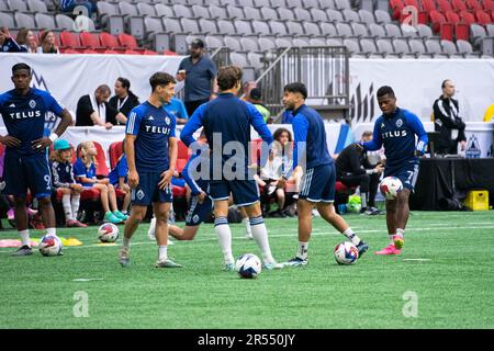 Vancouver, Canada. 31st May, 2023. Vancouver, British Columbia, Canada, May 31st 2023: Sebastian Berhalter (16 Vancouver Whitecaps FC), Ryan Raposo (27 Vancouver Whitecaps FC) and Deiber Caicedo (7 Vancouver Whitecaps FC) warms up before the Major League Soccer match between Vancouver Whitecaps FC and Houston Dynamo FC at BC Place Stadium in Vancouver, British Columbia, Canada (EDITORIAL USAGE ONLY). (Amy Elle/SPP) Credit: SPP Sport Press Photo. /Alamy Live News Stock Photo
