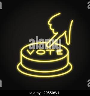 Hand pressing vote button neon icon in line style. Voting and election symbol. Vector illustration. Stock Vector