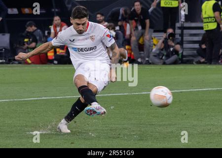 Budapest, Hungary. 31st May, 2023. Sevilla FC's Gonzalo Montiel shoots the winning goal during the 2023 UEFA Europa League Final at the Puskas Arena stadium in Budapest, Hungary, on May 31, 2023. Credit: Attila Volgyi/Xinhua/Alamy Live News Stock Photo