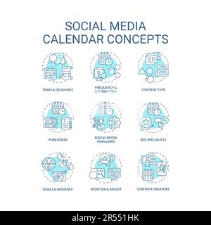 Social media calendar turquoise concept icons set Stock Vector