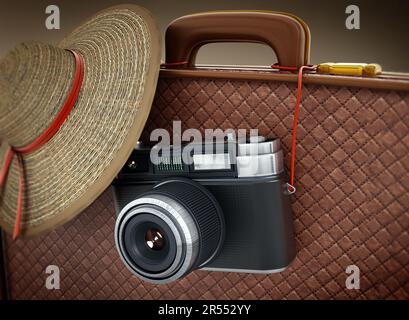 Vintage camera and women's hat hanging on suitcase. 3D illustration. Stock Photo