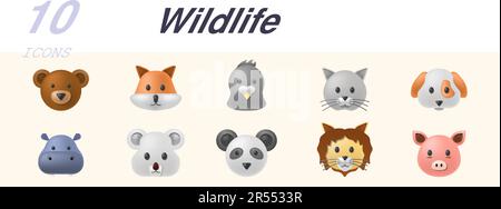 Wildlife set. Creative icons: bear, fox, seal, cat, dog, hippopotamus, koala, panda, lion, pig. Stock Vector