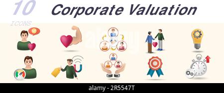 Corporate valuation set. Creative icons: honesty, boldness, collaboration, trust, innovations, performance, customer commitment, integrity, quality Stock Vector