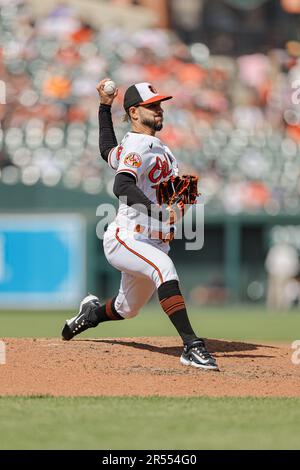 Baltimore, MD, USA; Baltimore Orioles relief pitcher Cionel Perez (58) delivers a pitch during an MLB game against the Cleveland Guardians on Wednesda Stock Photo