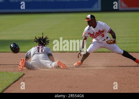 Baltimore, MD, USA; Cleveland Guardians third baseman Jose Ramirez (11) doubles and slides safely into second base before Baltimore Orioles shortstop Stock Photo