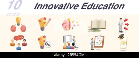 Innovative education set. Creative icons: brainstorming, creative process, creative thinking, open book, opportunity, group discussion, idea Stock Vector