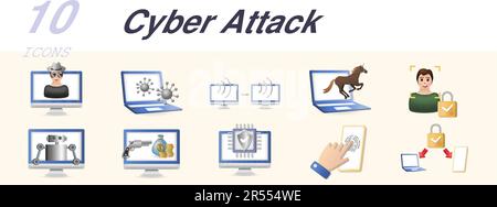 Cyber attack icons set. Creative elements: hacker, virus, remote access, trojan horse, authentication, botnet, online robbery, cyber protector Stock Vector