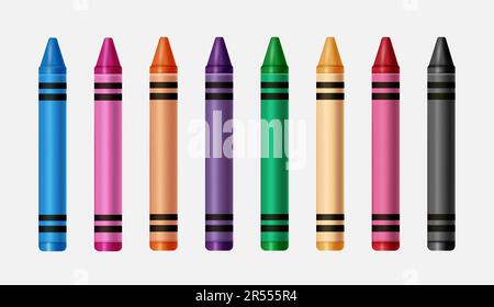 Crayons set vector design. Colorful wax pencils collection, isolated  in realism style. Vector illustration of coloring material. Stock Vector