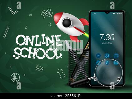 Online school text vector design. E learning online education using technology device for homeschooling. Vector illustration online class digital Stock Vector