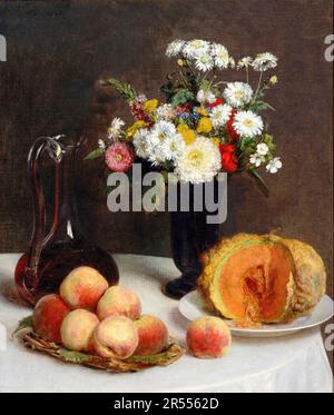 Henri Fantin-Latour, Still Life with a Carafe, Flowers and Fruit, painting 1865 Stock Photo