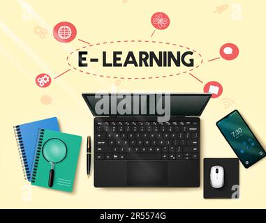 School e learning text vector design. Online class with laptop and mobile phone technology devices for home schooling. Vector illustration for online Stock Vector