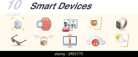 Smart devices set. Creative icons: smart city, artificial intelligence, video streaming, smart coffee maker, smart watch, smart glasses, drone Stock Vector