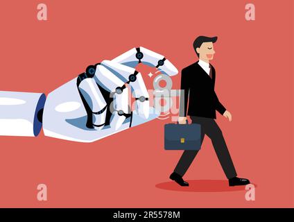 Robot hand turns on businessman with wind up key in his back. Digital disruption concept. Vector illustration Stock Vector
