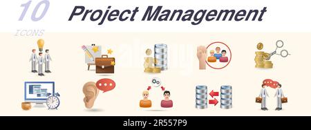 Project management set. Creative icons: team idea, portfolio, finance data, social campaign, budget cuts, work hours, buzz market, outsource, data Stock Vector