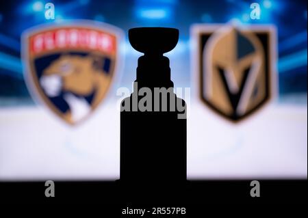 FLORIDA, USA, MAY 31, 2023: NHL Stanley Cup Finals. Florida Panthers vs. Vegas Golden Knights, Silhouette of Stanley Cup trophy. Wallpaper for NHL Fin Stock Photo