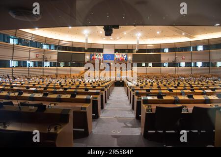 The hemicycle of the European Parliament in Paul-Henri Spaak building of the European Parliament seat in Espace Leopold / Leopoldruimte in European Qu Stock Photo