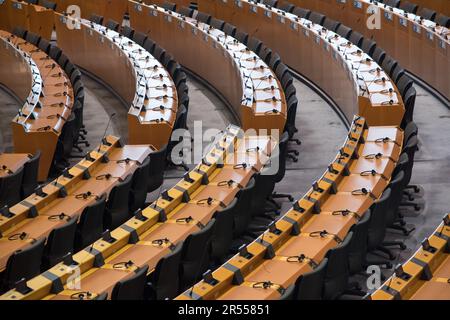 The hemicycle of the European Parliament in Paul-Henri Spaak building of the European Parliament seat in Espace Leopold / Leopoldruimte in European Qu Stock Photo