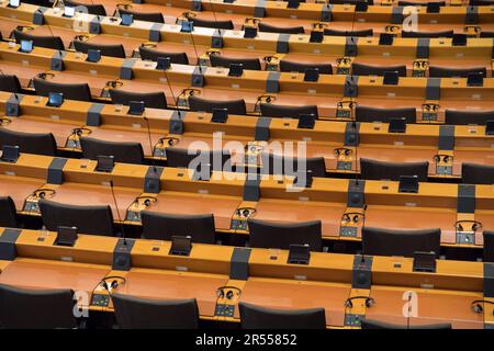 The hemicycle of the European Parliament in Paul-Henri Spaak building of the European Parliament seat in Espace Leopold / Leopoldruimte in European Qu Stock Photo