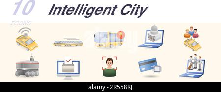 Intelligent city set. Creative icons: smart car, online government, car sharing, rover food delivery, online voting, face recognition, smart card Stock Vector