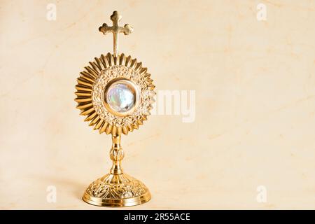 Ostensory for worship for Catholic church ceremony. Corpus christi. Stock Photo