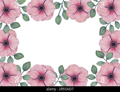 Anemone flower frame. Gently pink flower with leaves for wedding invitations, design elements. All elements are isolated and editable. Hand drawn with Stock Photo