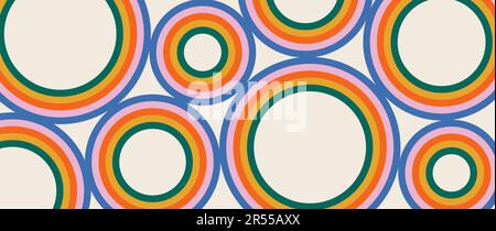 Groovy abstract background with rainbow colored circles. 60-70s style retro pattern with colorful stripes. Trendy psychedelic wave cartoon backdrop Stock Vector